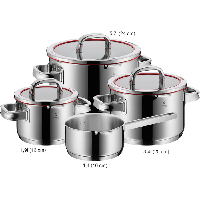 Набір посуду WMF Function 4 з нержавіючої сталі Cromargan, 4 частини, склокришка з 4 функціями зливу, для індукційних плит, з внутрішньою шкалою
