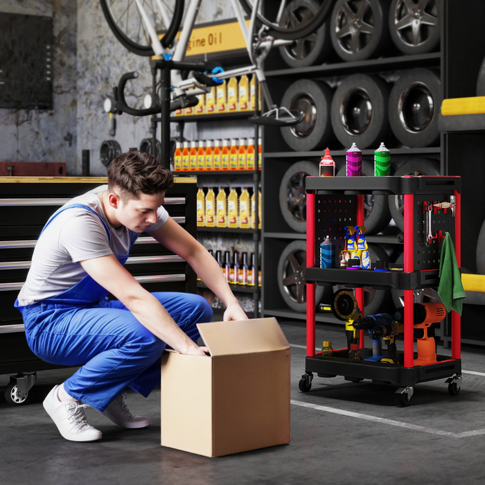 Ящик для інструментів з трирівневими полицями, 4 колеса, пластик, 10 гачків, червоний