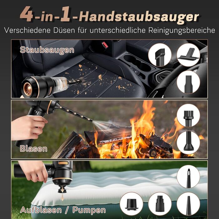 Акумуляторний ручний пилосос 4-в-1 для авто та дому, безщітковий двигун 22000Па, 3 режими потужності, 180000 об/хв, для шерсті тварин (Чорний)