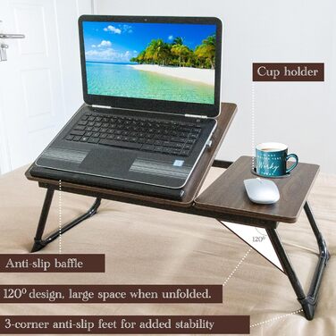 Столик для ноутбука з регульованими ніжками та підстаканником, підставка для читання, піднос для сніданку на диван, ліжко, терасу, балкон (Білий, Коричневий)