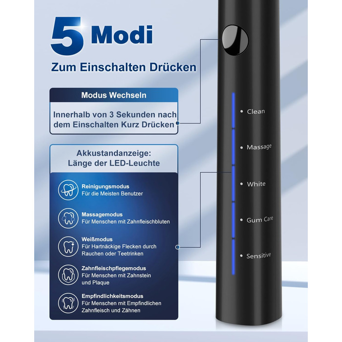 Електрична звукова зубна щітка, 45000 VPM, відбілювання за 1 тиждень, 120 днів роботи від акумулятора, індикатор заряду, 6 насадок DuPont, 5 режимів, таймер, чорна