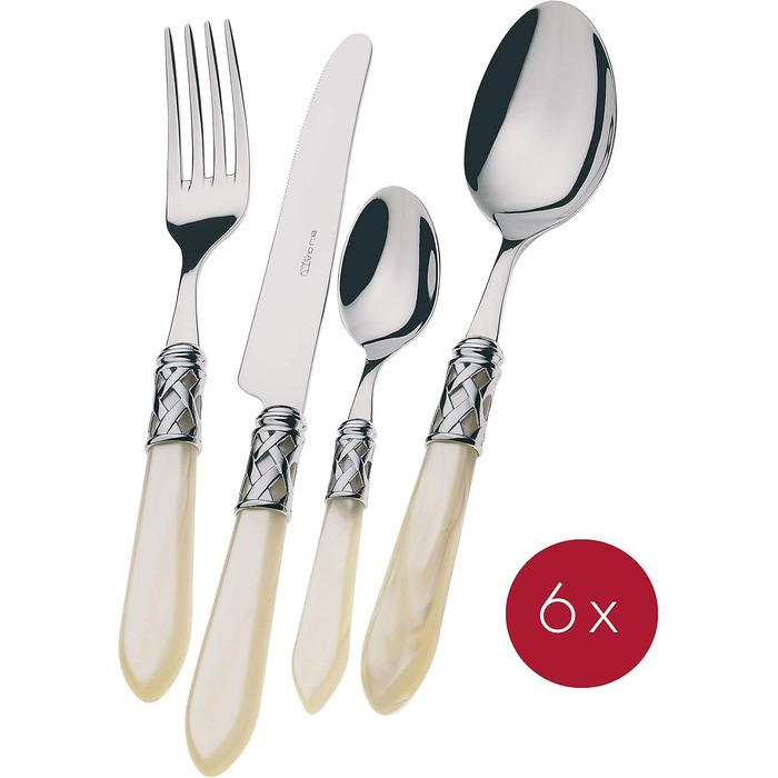 Набір столових приборів Bugatti Aladdin 24 шт. з нержавіючої сталі 18/10, хромуванням та ручками кольору онікс з перламутровим ефектом. Комплект на 6 осіб: 6 ложок, 6 виделок, 6 ножів та 6 чайних ложок