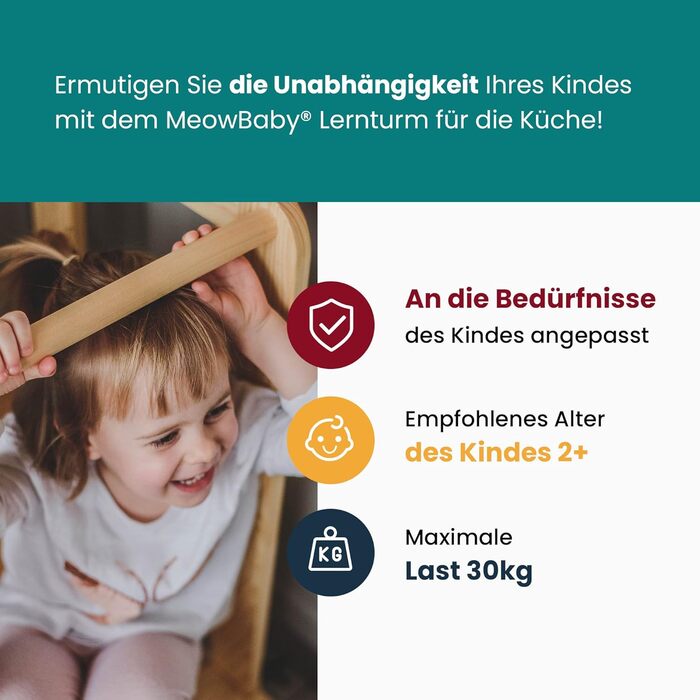 MEOWBABY Лесенка-підставка для навчання Montessori для дітей – регульована висота – підходить для дітей від 1 року – безпечна дитяча підставка – дерев'яний помічник на кухню та для повсякденного використання (з дощечкою, білий-натуральний)