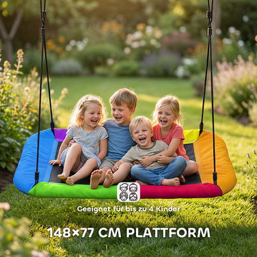 Дитяча гойдалка-гніздочко з регульованою висотою, вантажопідйомністю до 300 кг та регульованим канатом, призначена для дітей віком 3-8 років, розміром 148x77x180 см, у різноманітних кольорах.