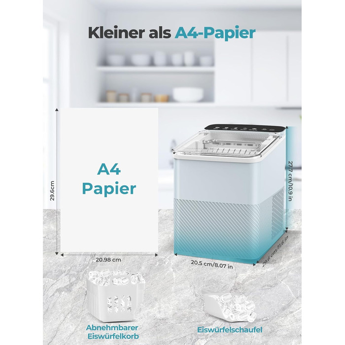 Льодогенератор Fohere портативний самоочисний 14 кг/24год, 2 розміри льоду, блакитний для дому, бару, офісу, кемпінгу зі шкребком та кошиком