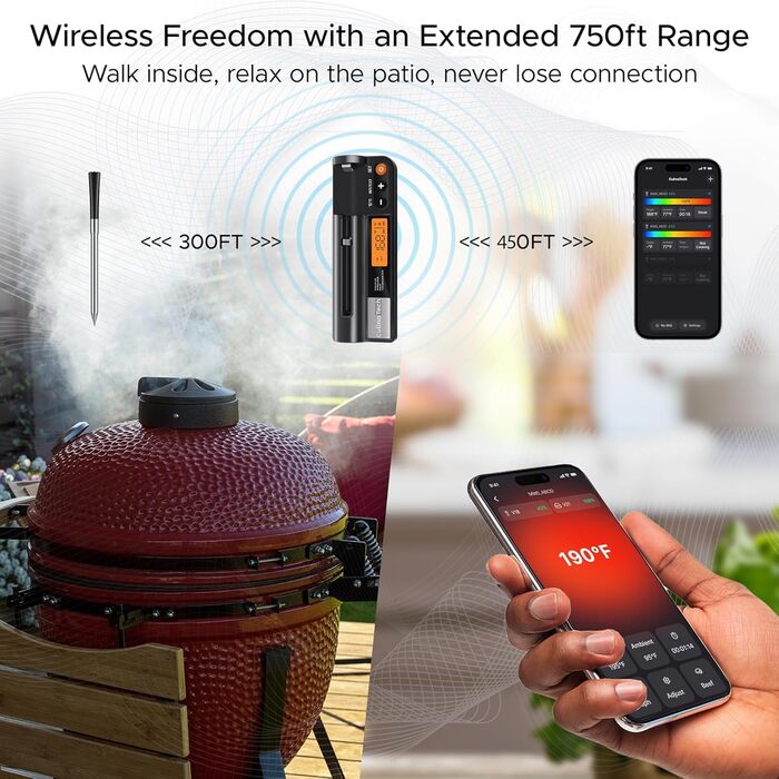 Бездротовий термометр для м'яса з Bluetooth, моніторинг через додаток з сигналом, IPX7 водонепроникний, велика дальність дії, мультисенсор, смарт-термометр для гриля, BBQ, кухні, 1 зонд, чорний