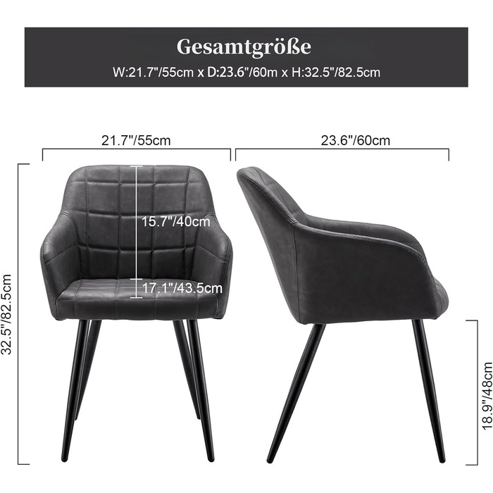CLIPOP Комплект з 2-х обідніх стільців, з підлокітниками, з штучної шкіри, для кухні, вітальні, обідньої кімнати (штучна шкіра, темно-сірий)