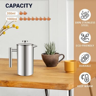 Френч-прес Dixmas для кави, нержавіюча сталь, 350 мл (2 чашки), термоізольований, двостінний