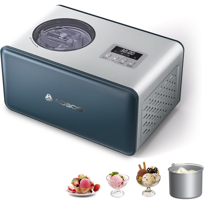 AAOBOSI Морозивниця 1.5 л з компресором, 4 режими, LCD-дисплей, без попереднього заморожування, довговічне охолодження, для м'якого морозива та сльошу, Springlane