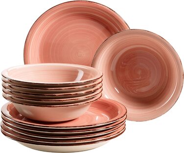 Набір тарілок MSER Bel Tempo II на 6 персон в сучасному Вінтажному стилі, сервіровка столу з 12 предметів, ручний розпис, фаянс (рожевий)