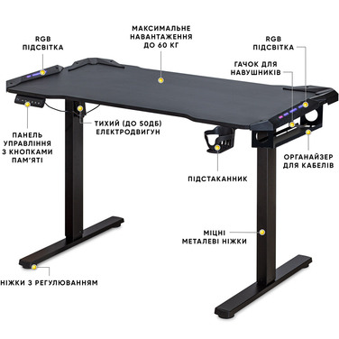 Стіл Mealux PowerDesk Carbon RGB з електрорегулюванням висоти (арт. EVO-201 Carbon / B)