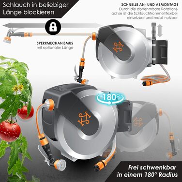 Шланг для саду KESSER® з автоматичним підйомом | Шланг для поливу 25м з насадкою 7-в-1 | Настінна шланг-бокс | Колір сірий