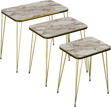 Набір приставних столів Набір гніздових столів Rudkøbing з 3 столів для вітальні з чорним мармуром з квадратною стільницею Шпильки для волосся Металевий золотий тон диванний стіл (мармур, білий / золотий)