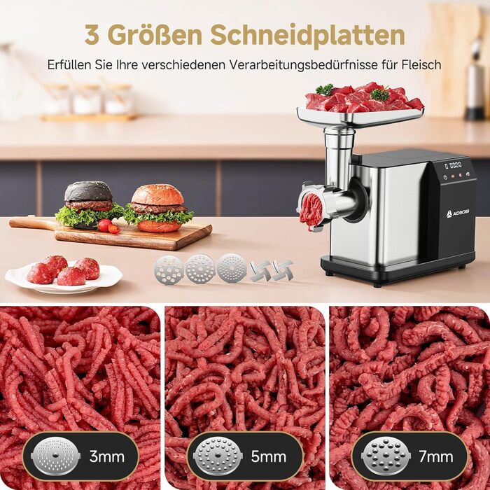 Електрична м'ясоподрібнювач AAOBOSI 3000W з LED-дисплеєм, 9 швидкостей, з нержавіючої сталі, для дому, з насадкою для ковбас та кіббе
