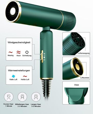 Фен, Фен, Іонний фен, Складний маленький туристичний фен для волосся з мішком для зберігання, Професійний фен 1600 Вт для швидкого сушіння, Тихий фен з насадкою для укладання, 3 нагріви та 2 швидкості, зелений