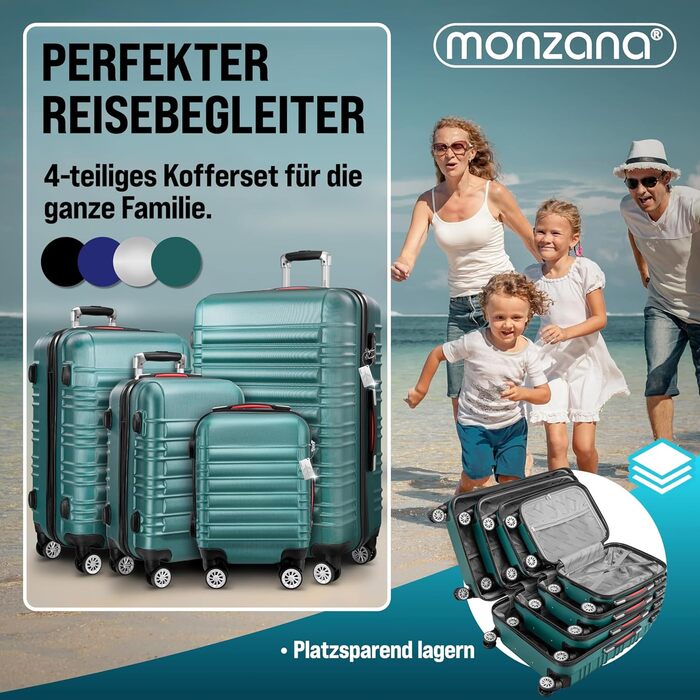 Набір валіз Monzana® 4 шт. з замком, органайзером, вагами та ременем. Валіза-тележка з жорсткою оболонкою S-M-L-XL (зелена)