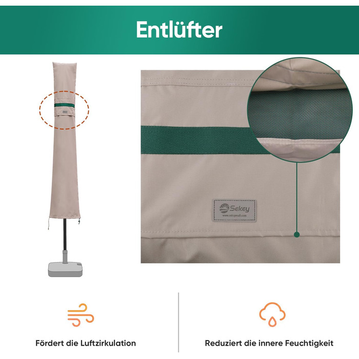 Захисний чохол для садово-паркового парасоля Sekey з вентиляційними отворами, 100% поліестер, водонепроникний, 190 x 30/50 см, хакі