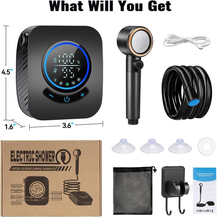 Портативна душова кабіна Thallike для кемпінгу з насосом та індикатором температури, 2м шланг, набір для саду, автомийки, пляжу, подорожей, тварин (чорний)