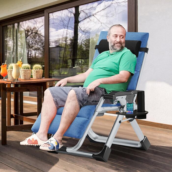 Лежак для відпочинку MOPHOTO Zero Gravity, розкладний, 200 кг, з подушкою та кишенею, для саду, балкону, тераси (Морська блакить)