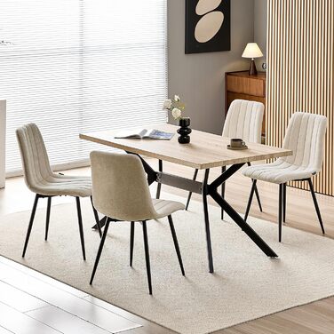 Набір обідніх стільців, м'які стільці з льоновим покриттям та чорними металевими ніжками, смугастий дизайн, для вітальні, кухні, спальні, ресепшну (2 шт., смугастий бежевий)