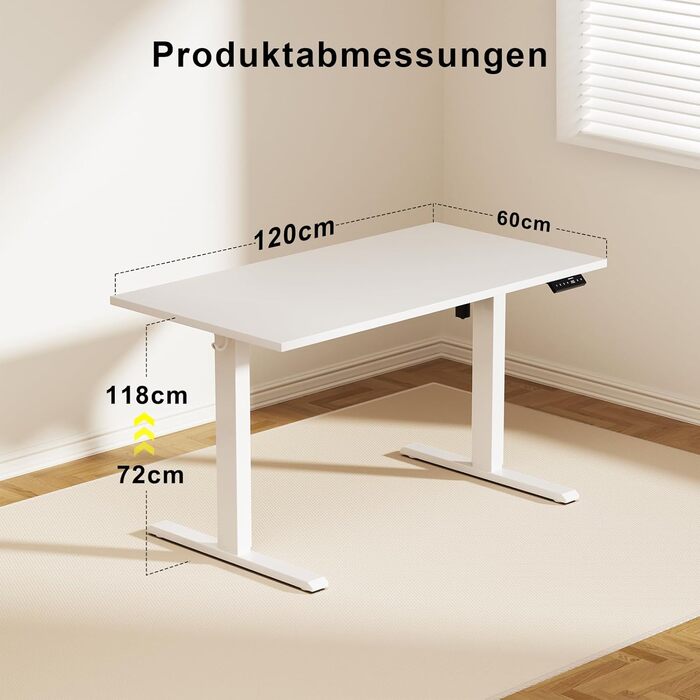 Електричний стіл з регулюванням висоти 120x60 см, білий. Стіл для комп'ютера, стоячи/сидячи з пам'яттю положень (4 функції), цілісна стільниця.