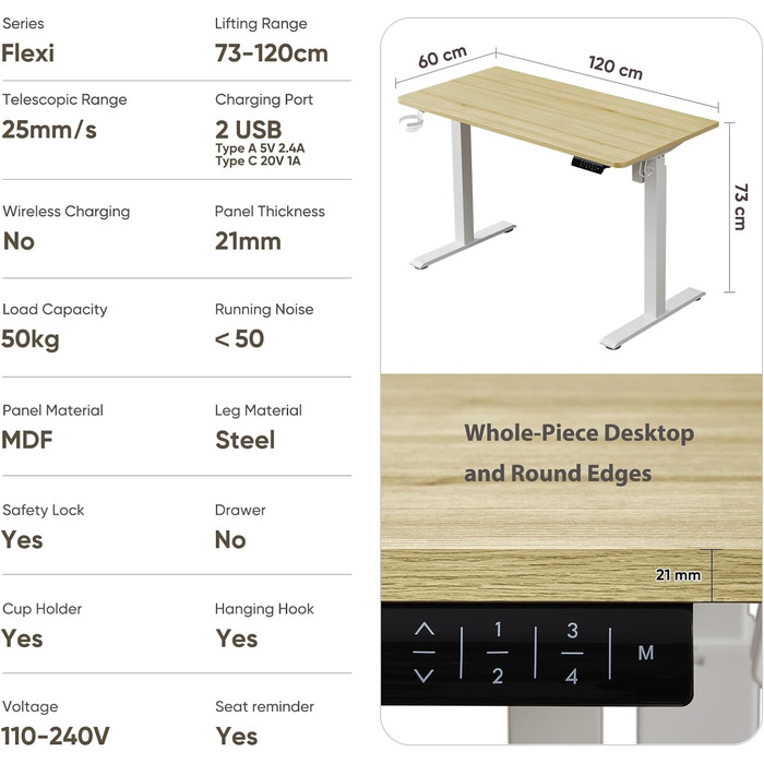 Електричний стіл Kowo 1,6 м з регулюванням висоти, ергономічний стіл сидячи, комп'ютерний стіл зі стільницею, стоячий стіл 160x70 см з USB-портами типу кондиціонера для ігор, офісу, навчання (120 см, бежевий)