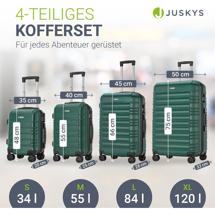 Набір валіз Juskys Hartschale 3 шт. з кодовим замком, тихі колеса 360°, телескопічна ручка, легкі - зелений колір