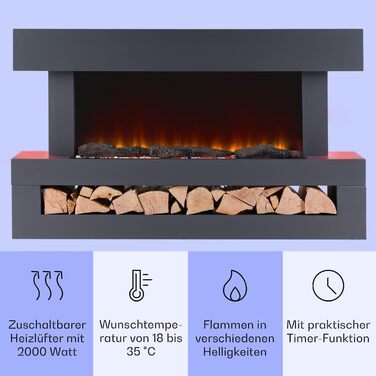 Електрокамін Klarstein Light & Fire 3 Smart, 2000 Вт, LED-імітація полум'я, з дистанційним керуванням, таймером, настінний, корпус MDF, чорний