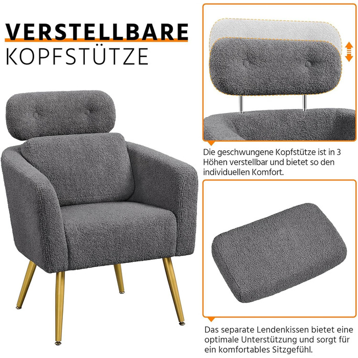 Крісло Yaheetech з тканини букле, крісло-релакс з регульованою спинкою та металевими ніжками, біле (темно-сіре)