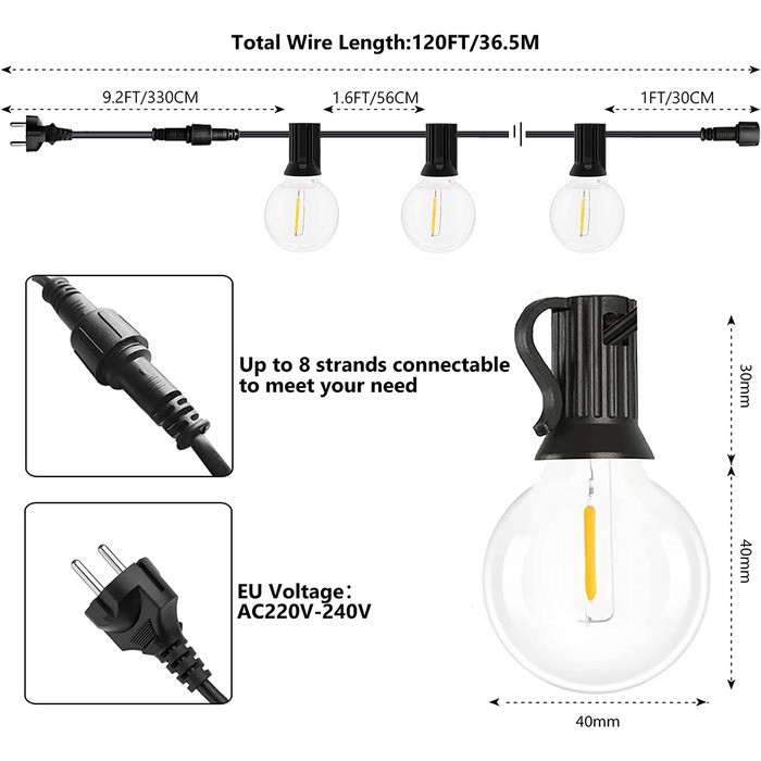 Світлодіодні вуличні гірлянди 36 м / 120 футів, пластикові світлодіодні лампи 62 G40, 2700K теплий білий, IP44 Wa
