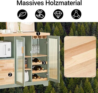 Буфет-комод SoBuy з скляними дверцятами, шухлядами та робочою поверхнею 120 см, нішею для мікрохвильової печі та полицею для вина. Кухняні меблі для вітальні та їдальні. Колір: зелений, розмір: 120x90x40 см