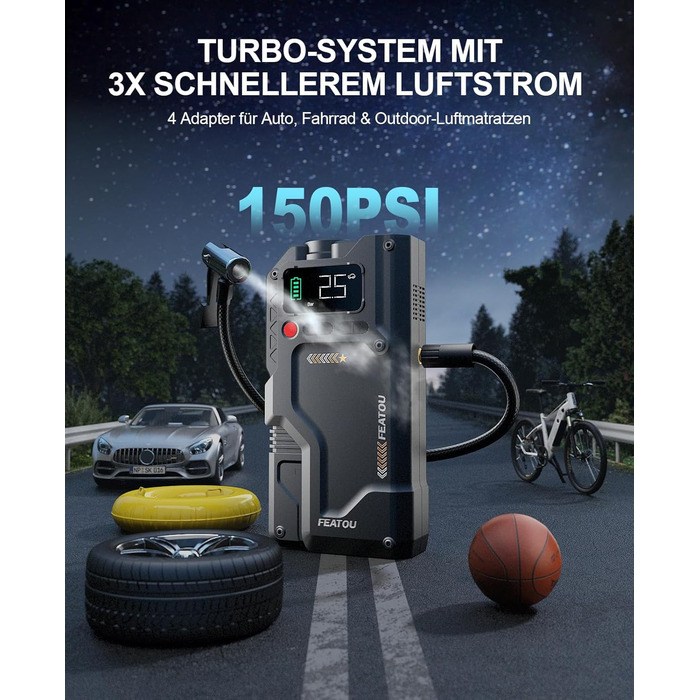 Powerbank з компресором Starthilfe 6500A: автостартер 12V для легкових автомобілів з повітряним насосом, бустер-акумулятор (для 9.0L бензину/8.5L дизеля) з пусковими кабелями, LED ліхтар 500 люмен (чорний), піковий струм 6500A