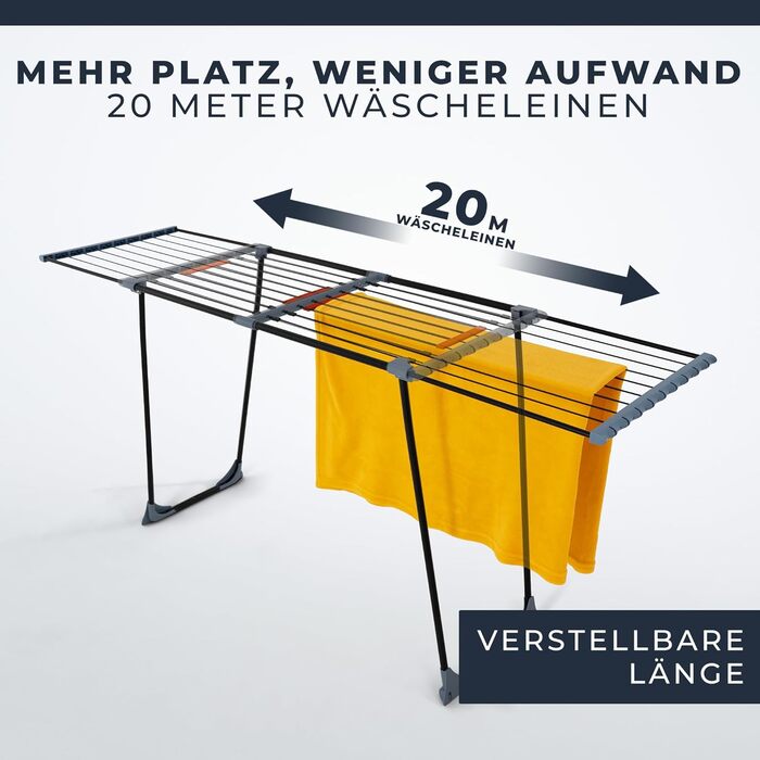 Розкладна сушарка для білизни Phoenix XXL – 20 м сушильної поверхні, чорна, стабільна, з клямками