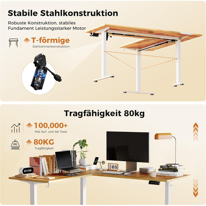 Регульований кутовий стіл Agilestic 190x155 см, ергономічний, для стоячи/сидячи, світло-коричневий