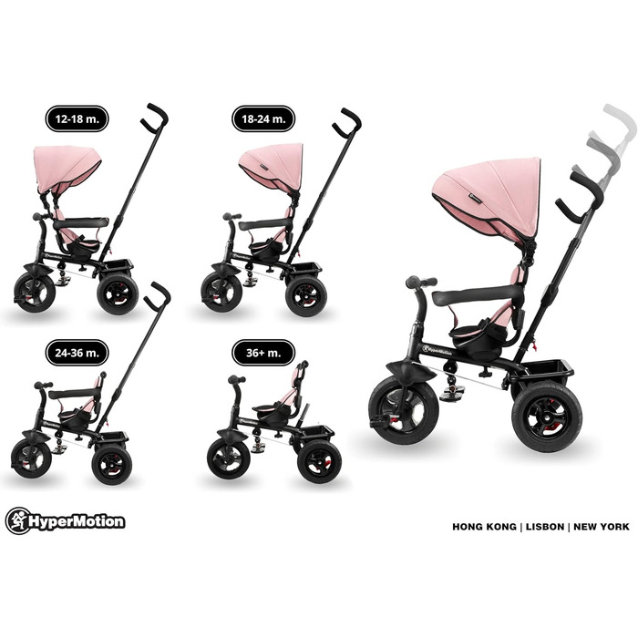 Триколісний велосипед HyperMotion з ручкою для батьків, рожевий - для дітей від 1 до 4 років (до 20 кг)