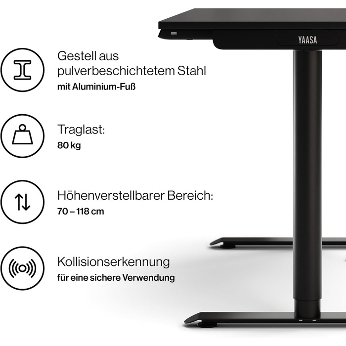 Дитячий стіл Yaasa Desk Basic S регульований по висоті, 120x70 см, чорний, incl. key замок і USB-порт для зарядки, стіл Антрацит 120 x 70 см