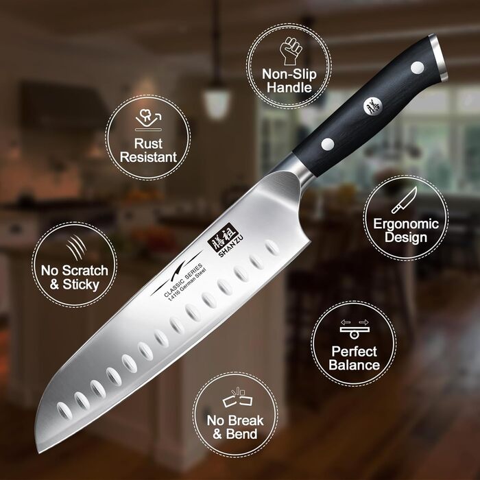 Ніж шеф-кухаря SHAN ZU Santoku: 18 см, нержавіюча сталь, ергономічна ручка, подарункова коробка