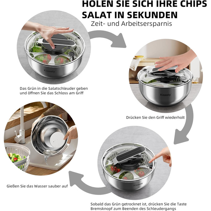 Салатниця-швидкосушарка з нержавіючої сталі 4.2L з мискою та кришкою, для салатів, овочів, зелені, ягід