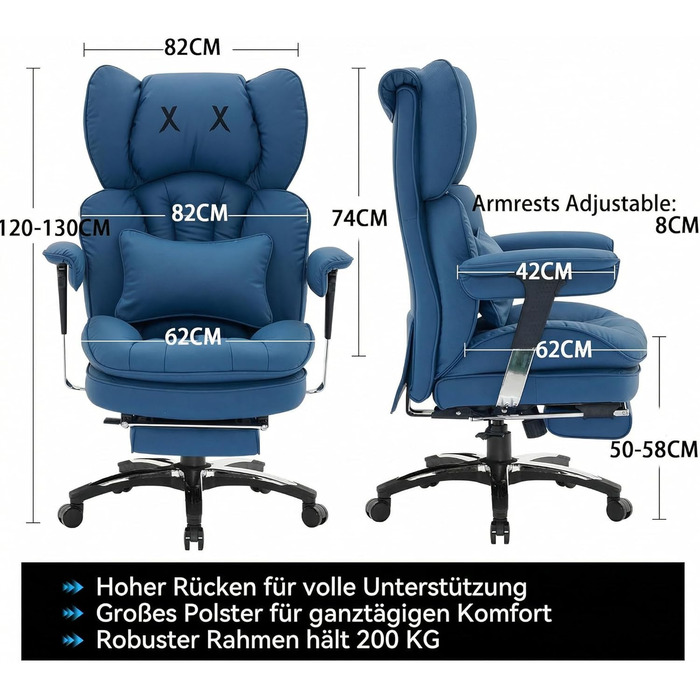 Офісний стілець Efomao X-Stickerei для дому та офісу, шкіряний (PU), з регульованою спинкою, підставкою для ніг та підтримкою попереку, витримує до 200 кг, чорний