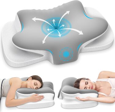 Подушка для шиї з піною Memory Foam, дихаюча, ергономічна, 65x37x10/12 см (срібна)