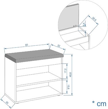 Лавка для взуття з сидінням - Полиця для взуття Лавка з місцем для зберігання Біла маленька тумба для взуття з лавкою Лавка для взуття в передпокої Лавка для шафи Софія (60 x 48 x 32 см, бук Оббивка (сіра)
