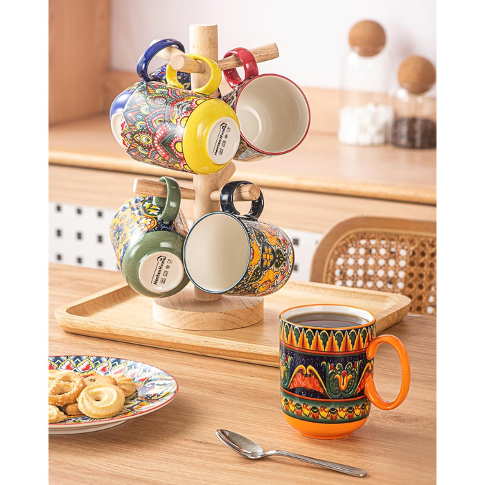 Набір кавових чашок Henten Home з порцеляни, 6 шт., 250 мл, ручної роботи, для 6 осіб (250 мл чашки, 400 мл підставки)