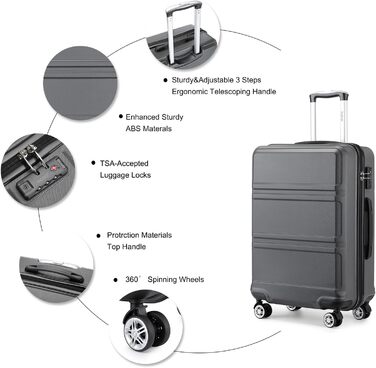 Чемодан ABS, жорсткий, сірий, 55 см, ручна поклажа, з TSA замком, 38 л