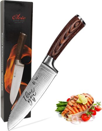 Японський ніж Santoku Wakoli EDIB з дамаської сталі (серцевина VG10), 17 см – гострий ніж для кухні та приготування їжі, преміум якість, з дерев'яною ручкою Pakkaholz, подарункова коробка з гравіюванням логотипу