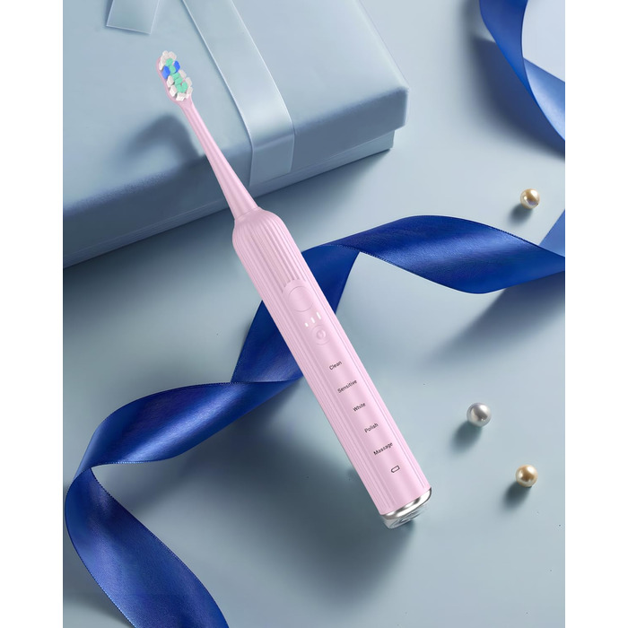 Електрична звукова зубна щітка для дорослих і дітей, 5 режимів чищення, 3 рівні інтенсивності, таймер, 8 насадок, кейс для подорожей, акумуляторна (Рожева, 1 шт.)