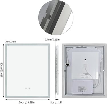 Дзеркало для ванної кімнати LUVODI з підсвічуванням 40x50 см: регульоване LED дзеркало з 3 кольорами світла, 2 сенсорні кнопки, запобігає запотіванню, водонепроникне, монтаж на стіну (горизонтальний/вертикальний)