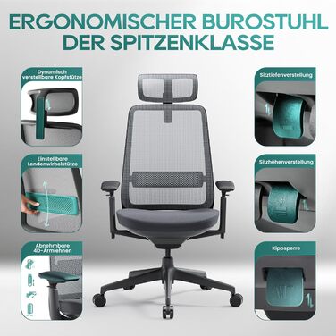 Ергономічне крісло Colamy для офісу, чорне: регульована глибина сидіння, 4D підлокітники, підтримка попереку (до 136 кг)