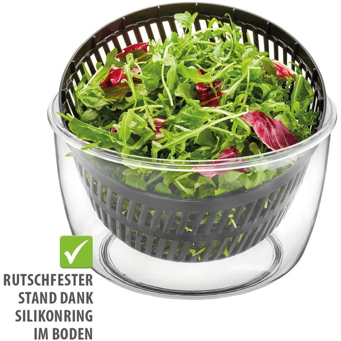 Салатниця-швидкообертач GEFU з кришкою для зберігання | 3л пластикова чаша з вбудованим ситом та ручним приводом | Чорний/Сірий колір