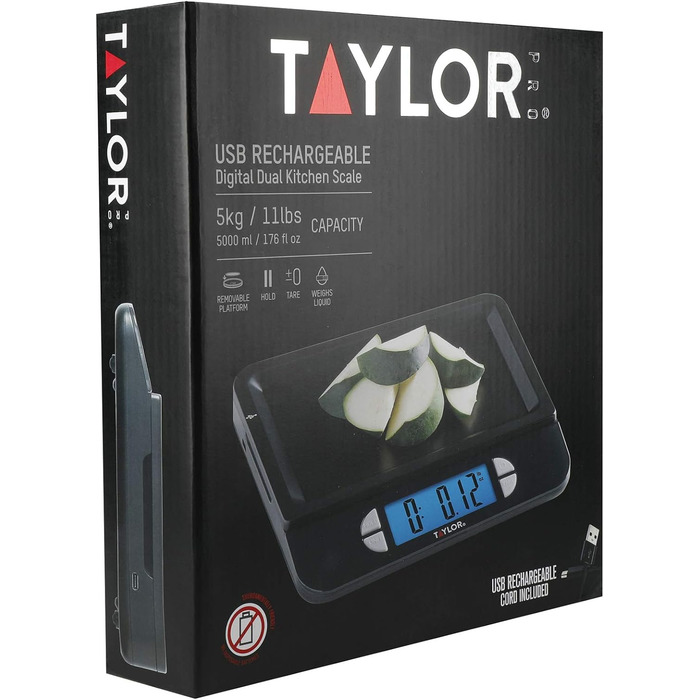 Кухонні ваги Taylor Pro, акумуляторні за допомогою USB, батарейки не потрібні, точні, функція плавучості, подарункова коробка, нержавіюча сталь, вага до 5 кг/5000 мл