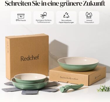 Набір сковорідок Redchef з знімними ручками, індукційні, керамічні сковороди з антипригарним покриттям, 6 предметів (20, 24, 28 см), економія місця, кераміка, без PTFE, PFOA та PFAS, зелений